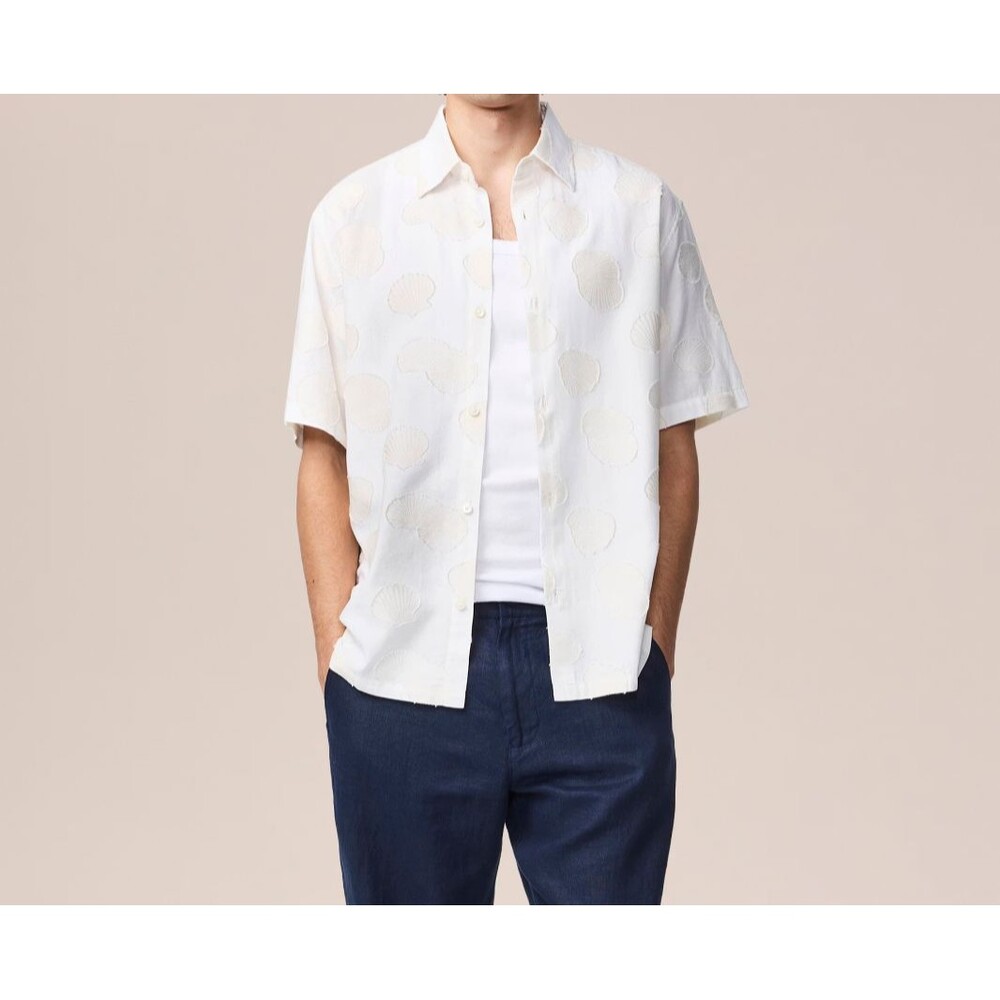 NN07 Button Shirt Mens Medium White Seashell Jacquard FREDDY $230